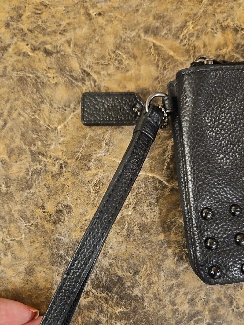 Coach Black Pebbled Leather Studded Wristlet Wallet